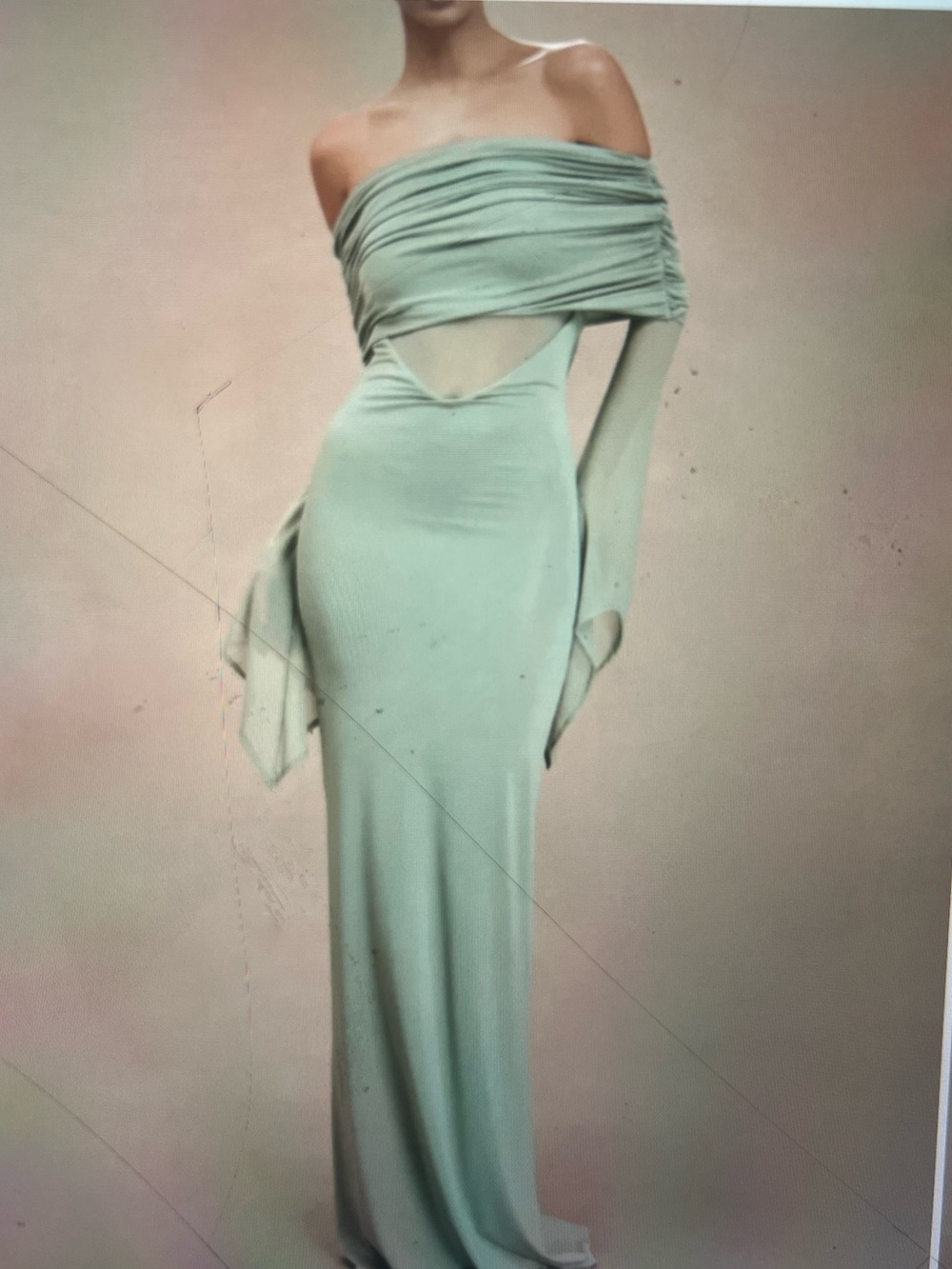 Off-Shoulder Sage Green Maxi Dress with Draped Sleeves